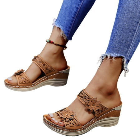 

Women s Vintage Bohemia Platform Wedge Slipper Comfort Double Strap Flowers Slide Sandals-Shock Absorbtion Breathable Holes Arch Support Open Toe Slip on Mules Wedge Sandals