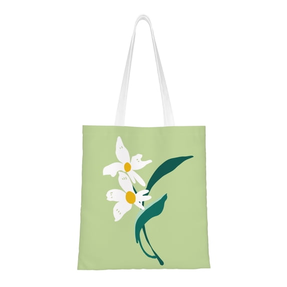 YFYANG Reusable Cotton Canvas Tote Shopping Bag, Green Flower Pattern Washable Portable Grocery Bag for Daily Travel