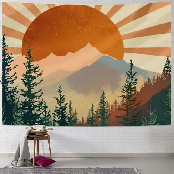 Creowell Bohemian Sunset Tapestry Sunset Mountain Forest Terracotta Sun Tapestry Vintage Aesthetic Tapestries Wall Hanging For Room Painting