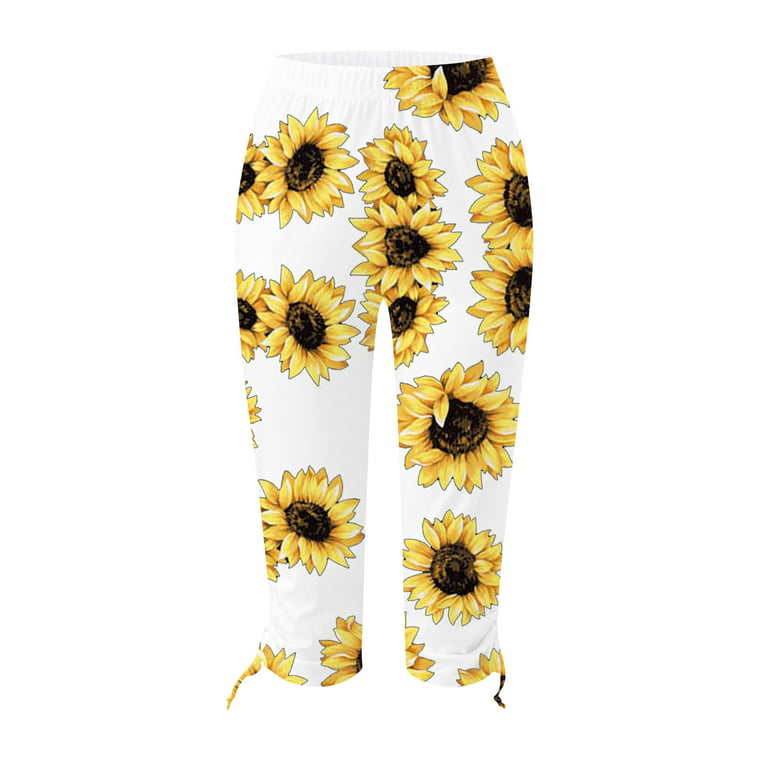 Bigersell Pull on Capris Pants for Women Female Summer Casual Side  Drawstring Floral Printed Cropped Pants Women's Capris and Cropped Pants  Style 67, M Yellow-C 