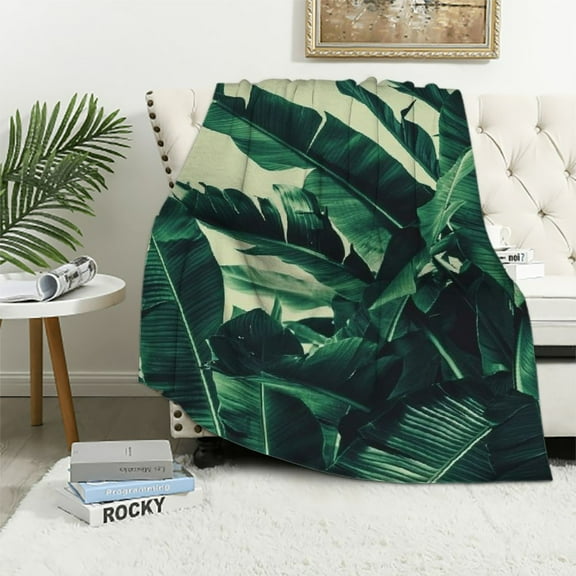 JRXY  Green Leaves Throw Blanket Tropical Banana Leaf Large Palm Foliage Nature Dark Green Background Print Decorative Soft Warm Cozy Flannel Plush Throws Blankets for Bedding Sofa Couch White