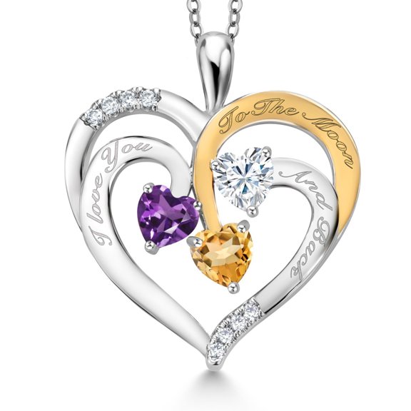Gem Stone King Two Tone Purple Amethyst White Moissanite Yellow Citrine `I love you to the moon and back` Engraved Pendant Necklace for Women (1.30 cttw, Heart Shape 5MM, 18 inch Chain)