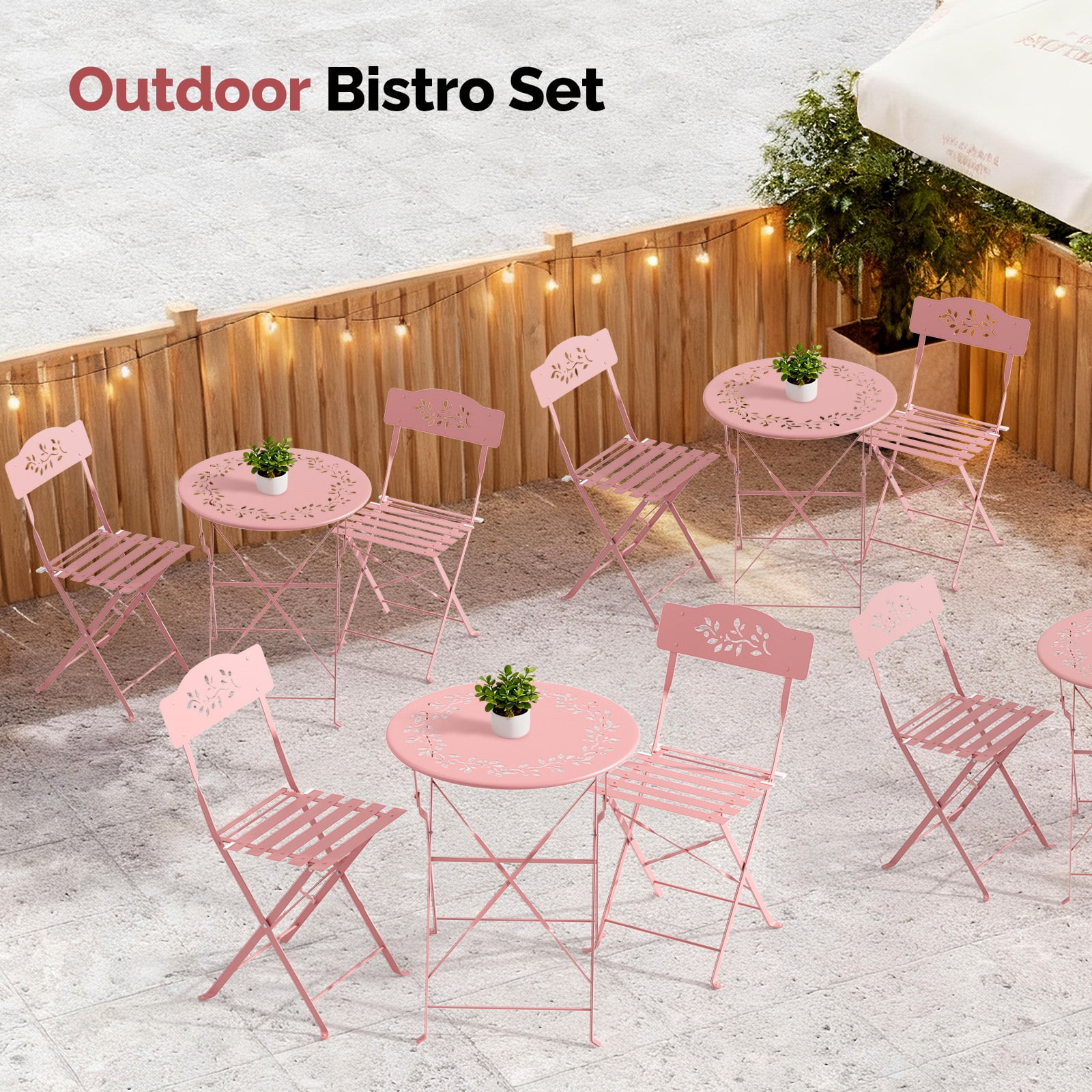 Ktaxon Outdoor 3-Piece Folding Bistro Set with Cushion, Small Metal Patio Seating Furniture Set - Pink