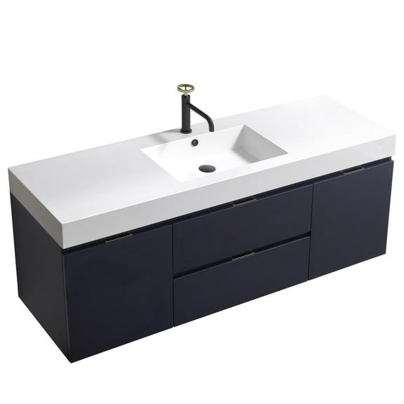 Kubebath Bliss 60" Single Sink Blue  Wall Mount Modern Bathroom Vanity