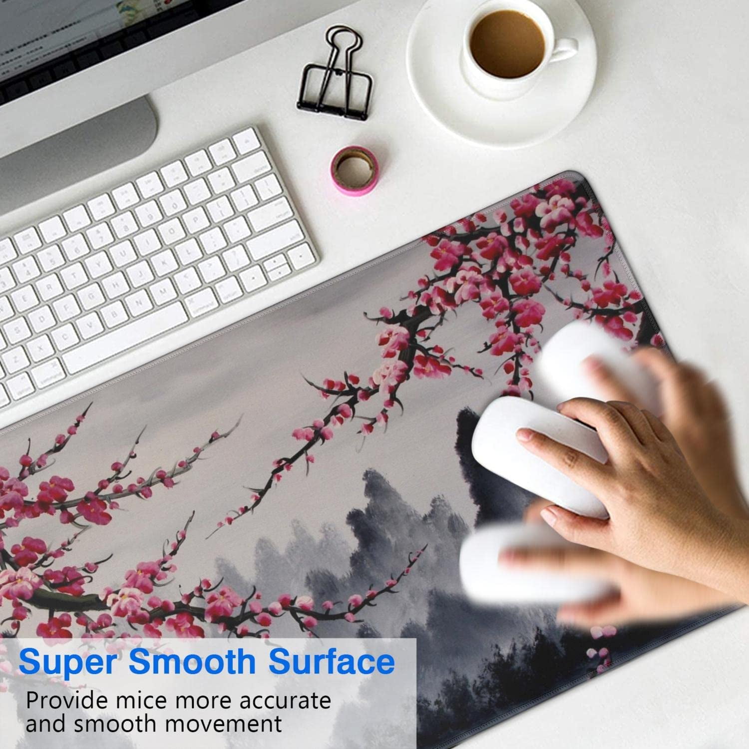 Gaming Mouse Pad, Desk Pad with Non-Slip Base Extended Large Mouse Pad XXL Keyboard Mouse Pad Desk Mat On Top of Desks for Work, Game, Office, Home - Japanese Cherry Blossom (31.5x15.7 in)