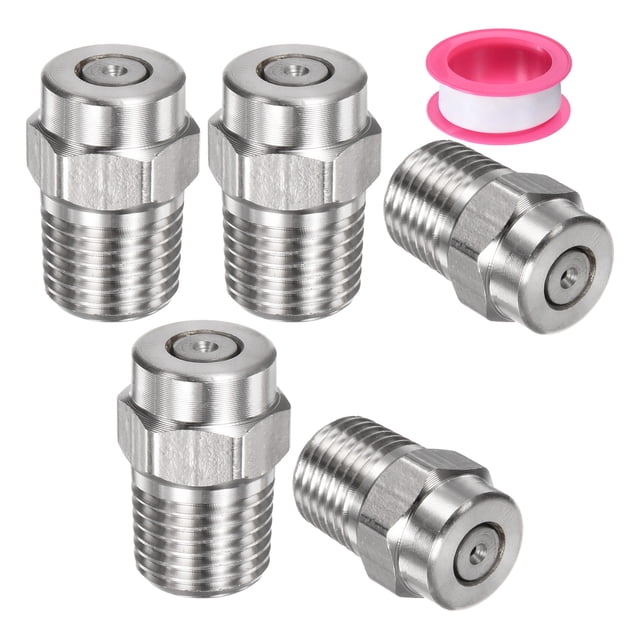Puntas de limpieza de superficie Uxcell 5 Pack - Boquillas de lavadora a presión de 0 grados 1/4" NPT macho, acero inoxidable con cinta de sellado (orificio de 1.156 mm)