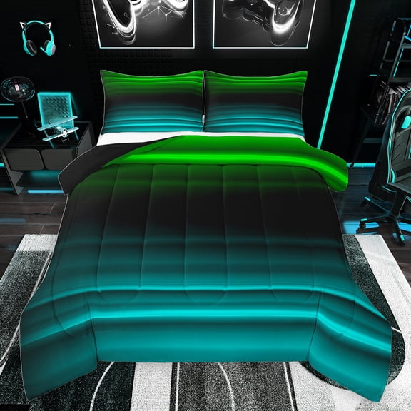 jejeloiu Retro Stripes Pattern Bedding Comforter Set,Abstract Geometric Twin Comforter Sets,Green Black Cyan Bedding Set For Kids,Microfiber Bedroom Decor Reversible,2 Pieces