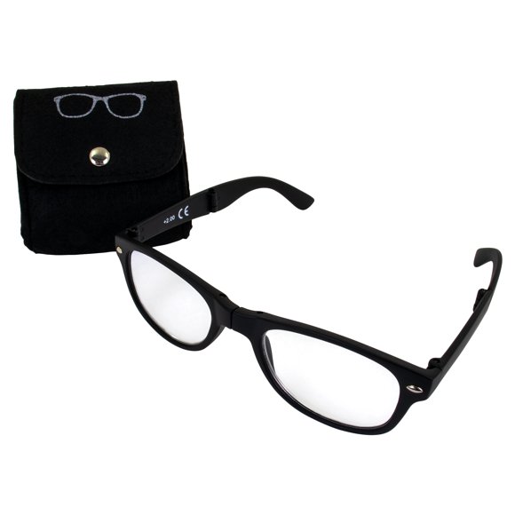 Global Vision Foldaway Reading Glasses for Men or Women +3.0 Magnification Foldable Black Frame w/Clear Lens & Color-Matching Pouch