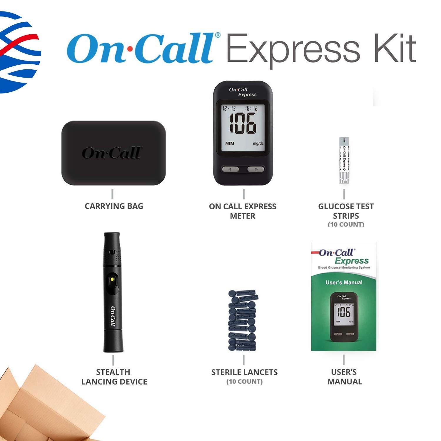 On Call Express Diabetes Testing Kit Blood Glucose Meter 10 Blood Test Strips 1 Lancing Device 30g Lancets Control Solution Carrying Case Log Book Black New Walmart Com Walmart Com