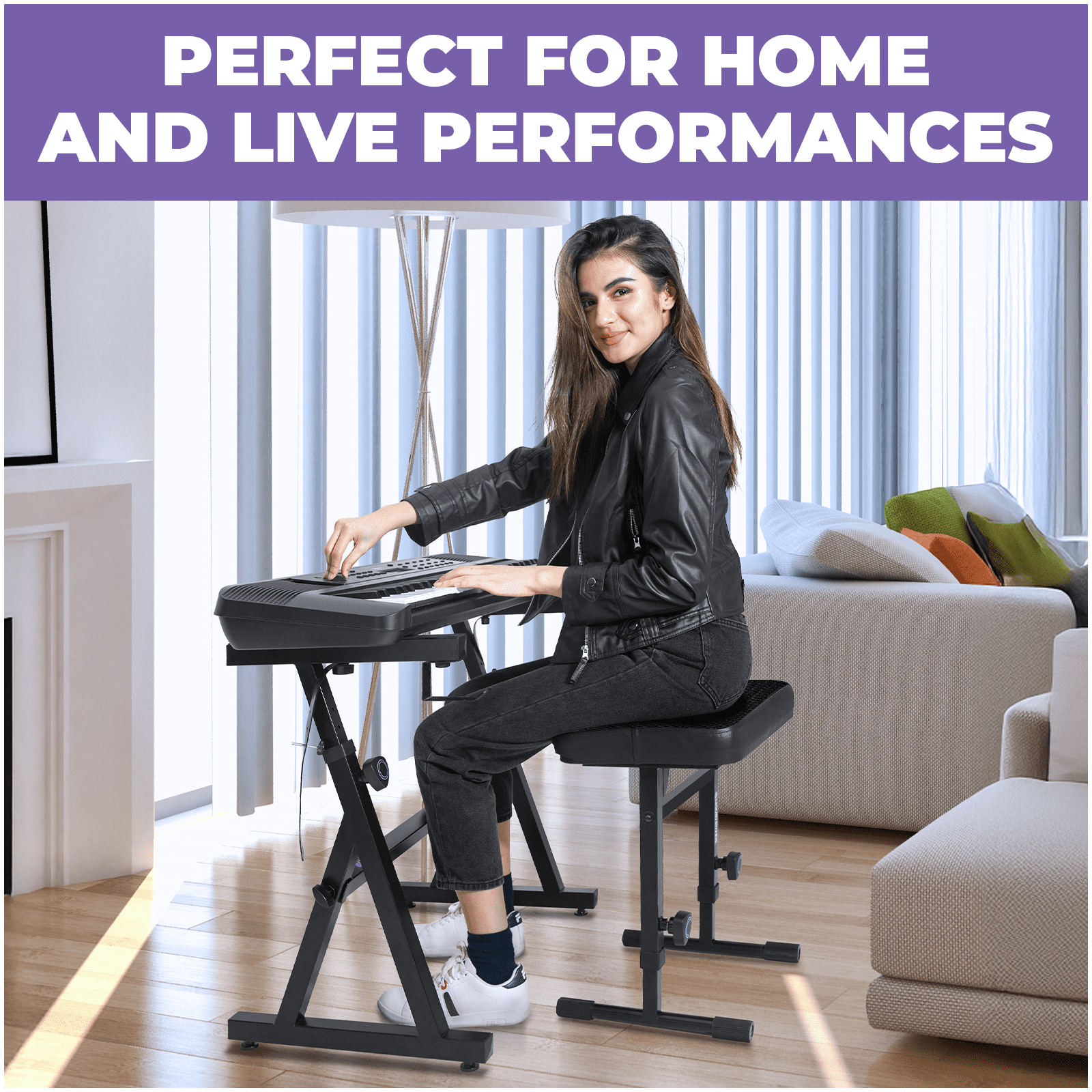 Liquid Stands Keyboard Stand and Bench Set - Portable Heavy Duty Digital Piano Stand for 54-88 Key Electric Pianos & Adjustable Piano Bench, Chair, Seat, Stool - Keyboard Music Accessories (Black)