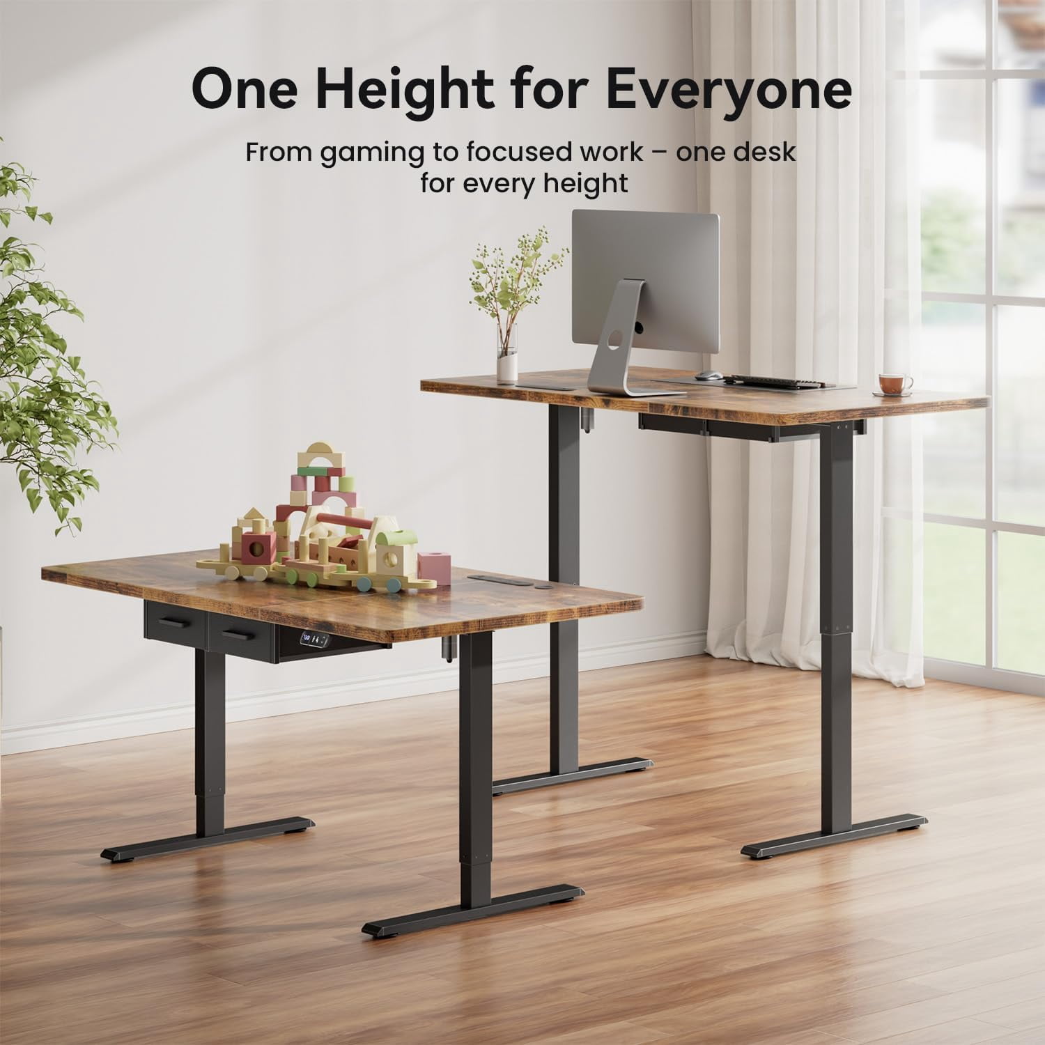 HLDIRECT Electric Standing Desk with 2 Drawers & Power Outlets & USB Ports, 63×31.5 inches Height Adjustable Desk with Storage, Sit Stand up Desk for Home Office, Rustic Brown