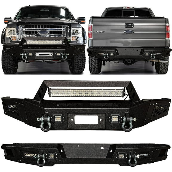 Vijay Compatible with 2009-2010-2011-2012-2013-2014 Ford F150 Front and Rear Bumper Textured Black Steel with Lights and D-rings