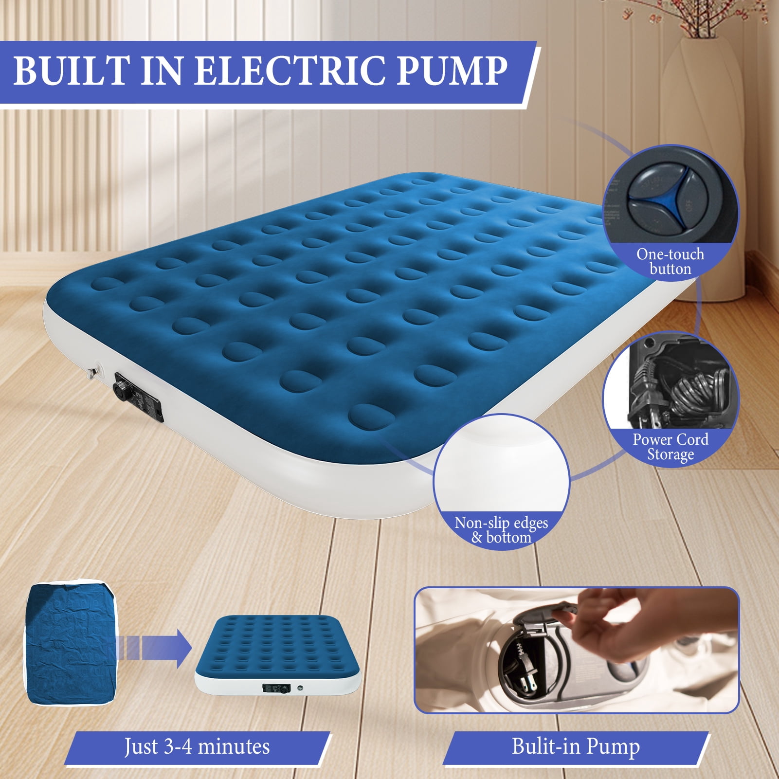 Queen Size Air Mattress with Built in Pump,High Portable 10" Inflatable Mattress,Blow Up Mattress for Travel,Home and Guest(Lyon Blue)