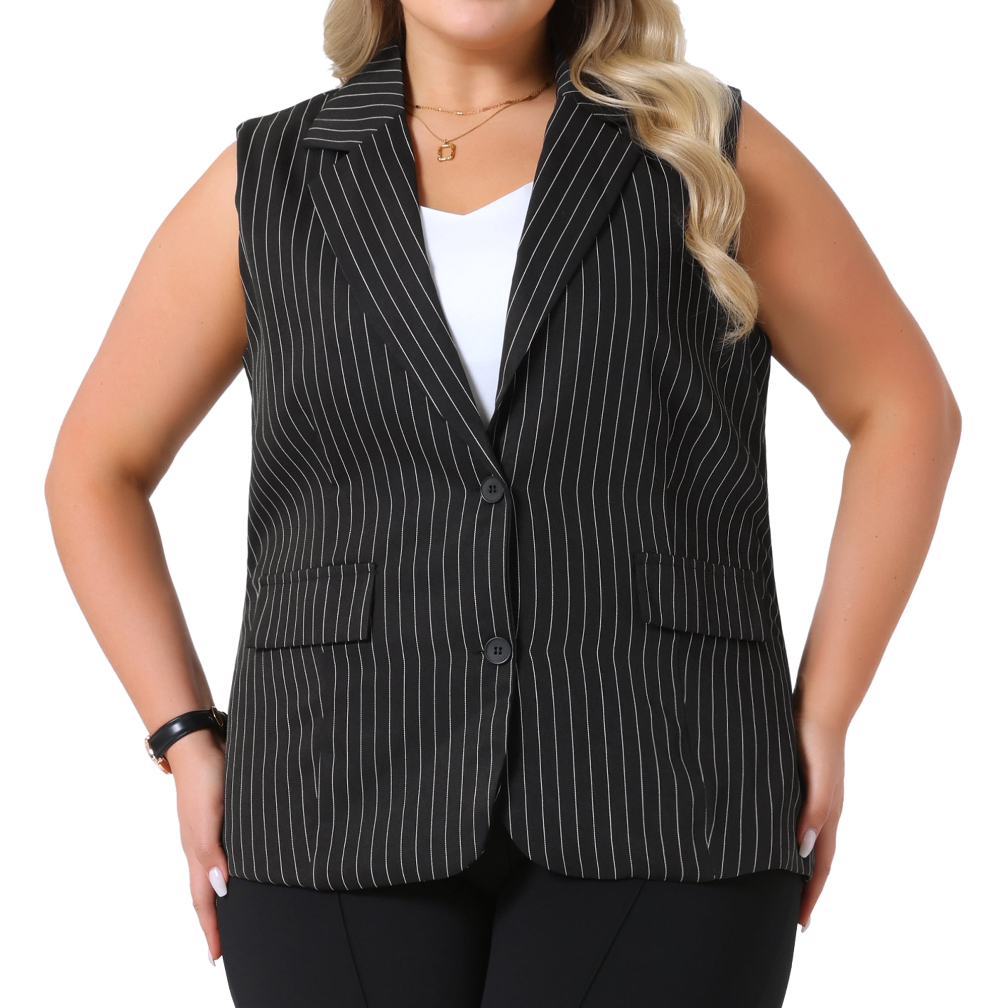 DARING DIVA Women's Plus Size Sleeveless Lapel V Neck Stripes Vest 3X Black