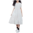 thumbnail image 2 of hengsof Girls Short Sleeve Dress Solid Color Square Neck Bubble Sleeve Ruched Casual Summer Dress for Kids Ages 5-16, 2 of 6