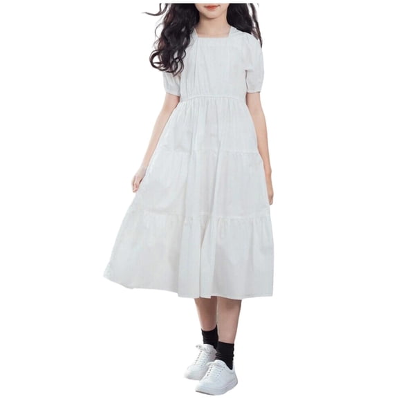 Zpanxa Summer Dresses for Girls College Style Solid Color Puff Sleeve Square Neck Mid Long Polyester Dress White 5-6 Years