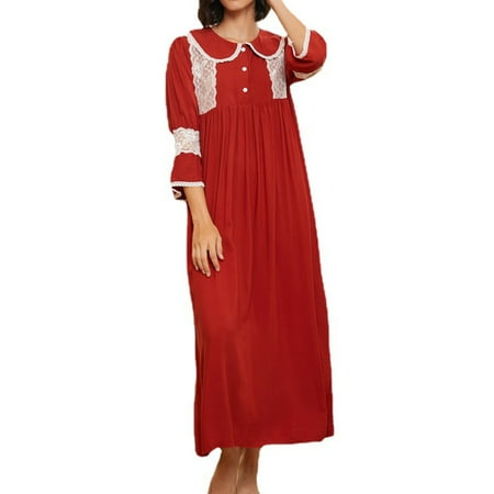 

Hanerdun Women 3/4 Ruffle Sleeve Lace Nightgowns Female Long Sleep Dress Red M