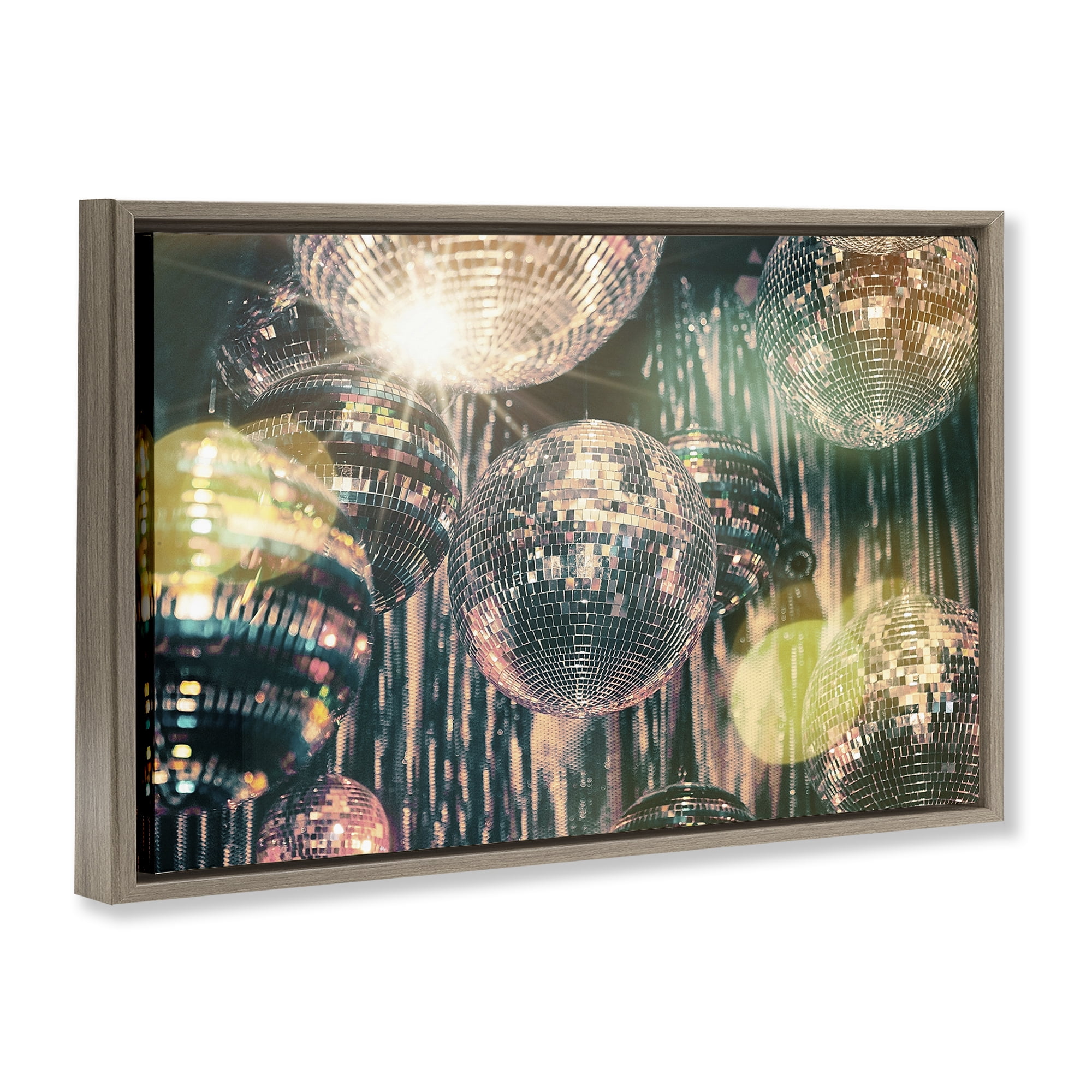 Stupell Industries Disco Balls with Bokeh Fashion Painting Brown Floater Framed Canvas Art Print Wall Art, 31 x 21