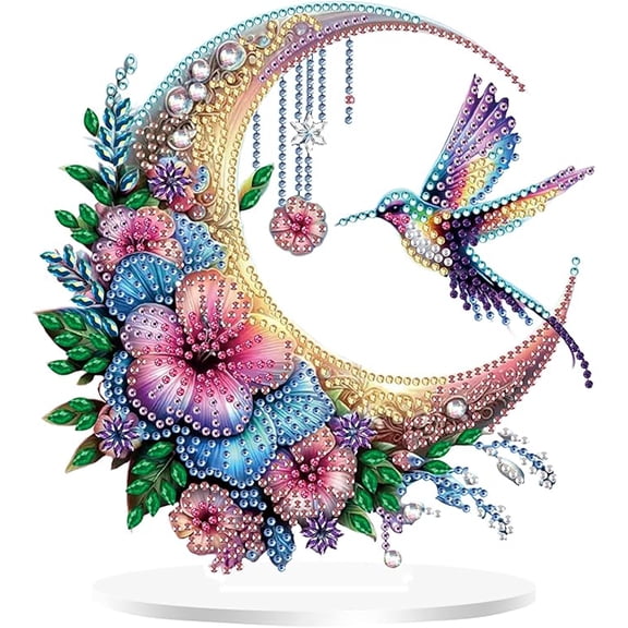 Floral Moon & Hummingbird Diamond Painting Ornament, Special Shaped Crystal Art Stand