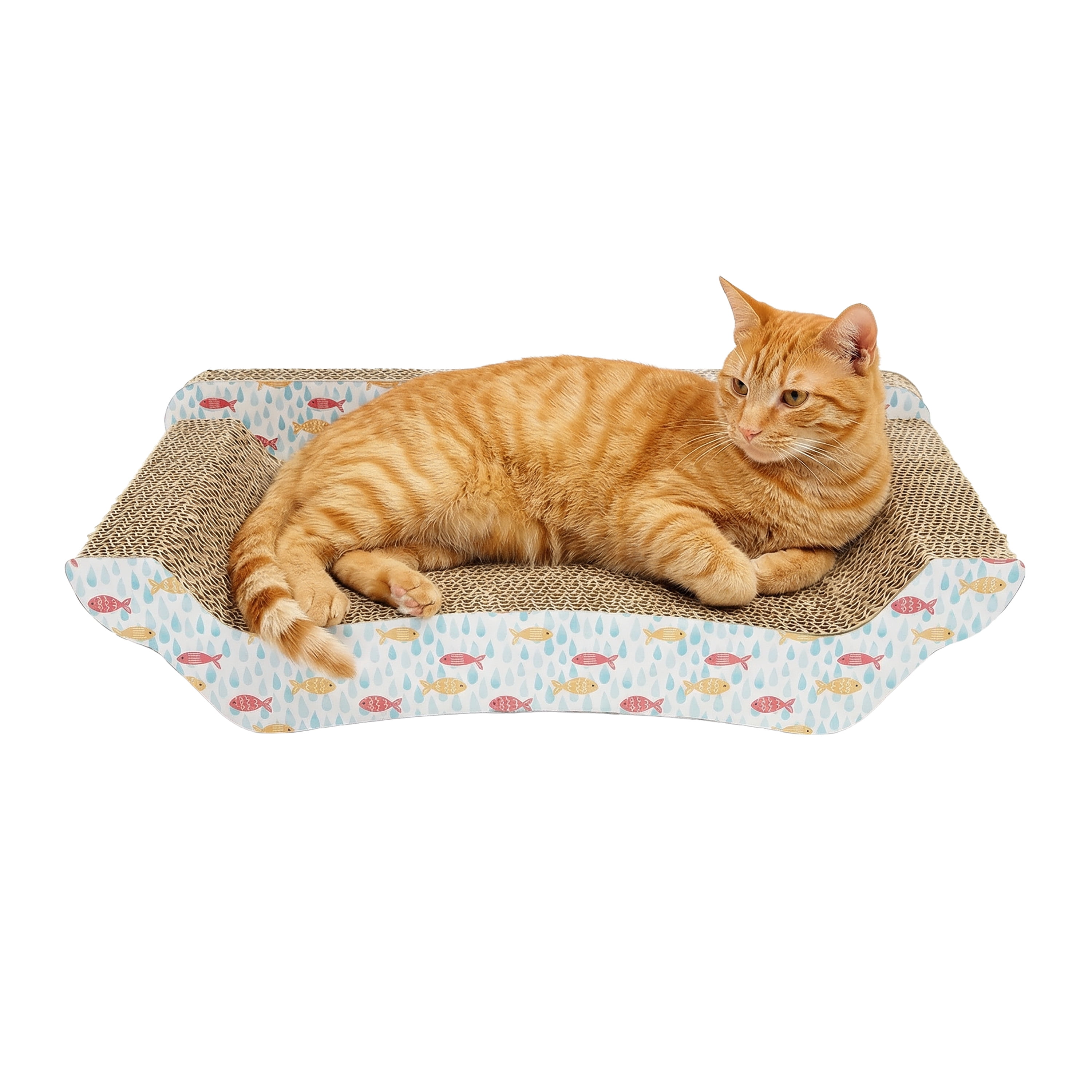Kitty City Corrugated Cardboard Fish Print Sofa Lounger Cat Scratching Pad, Multicolored, One Size