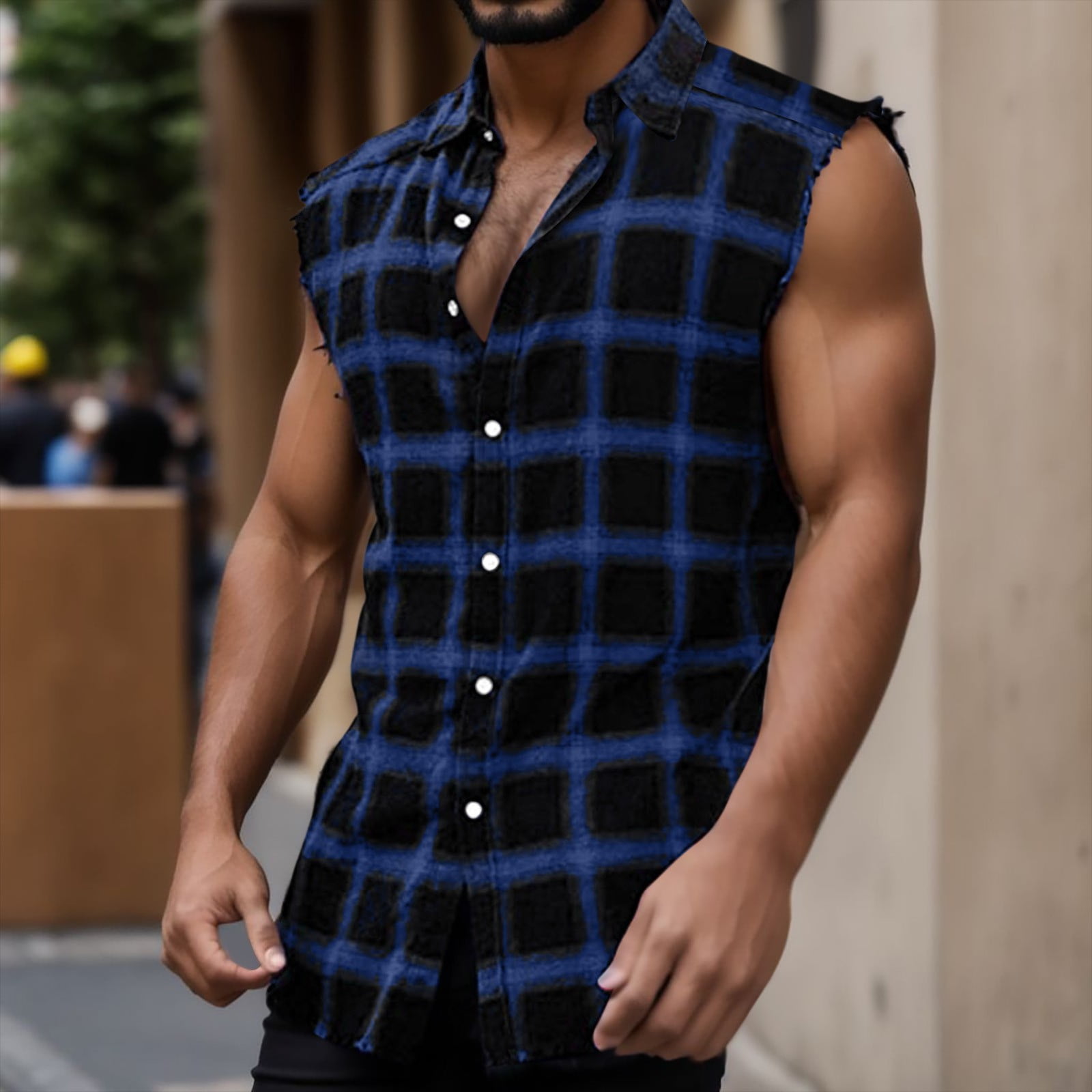 Sopiago Mens Tank Top Casual Button Up Flannel Plaid Shirt
