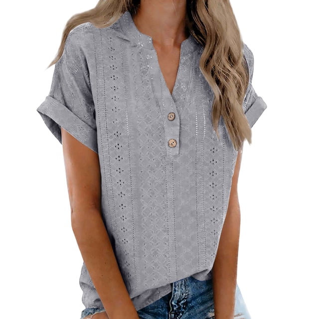 TaTaai Women’s Casual Pa Collar V Neck Button Blouse Short Sleeve Loose Fit Solid Color Printless T Shirts Soft Polyester Summer Holiday Wear Gift