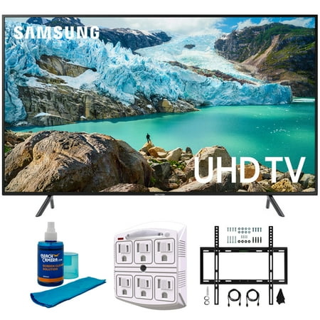 Samsung 65" RU7100 LED Smart 4K UHD TV 2019 Model (UN65RU7100FXZA) with Flat Wall Mount Kit Ultimate Bundle for 45-90 inch TVs, Screen Cleaner for LED TVs & SurgePro 6-Outlet Surge Adapter