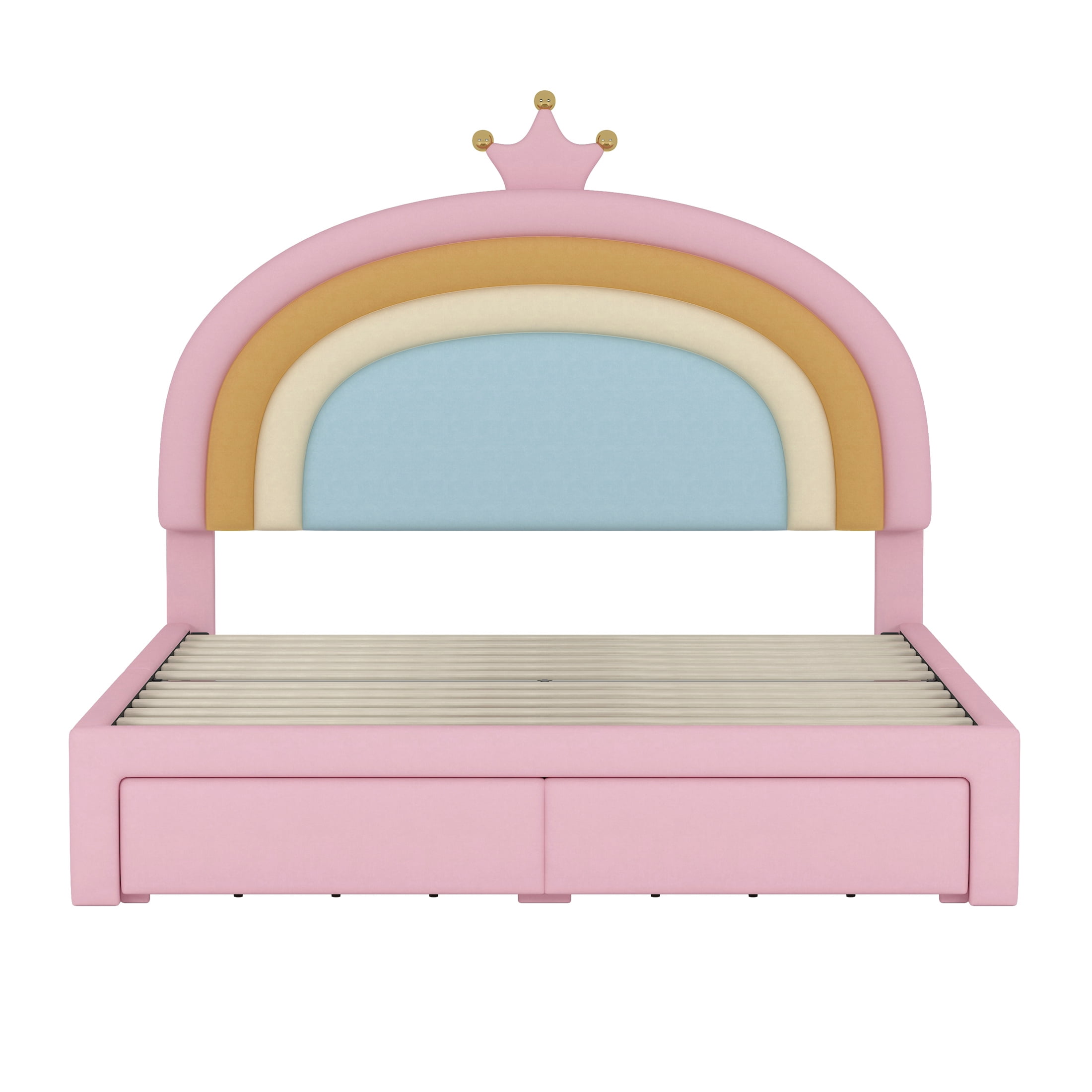 Cute Rainbow Full Size Bed Frame for Girls,Velvet Princess Full Bed Frame with Headboard and Drawers,77.5"x55.5"x47",Pink