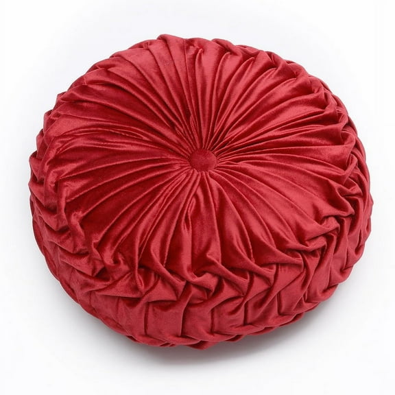 Xiao Hua Throw Pillows Velvet Pleated Round Pumpkin Couch Cushion Floor Filled Cushion for Home Sofa Chair Bed Car Decor （Red)