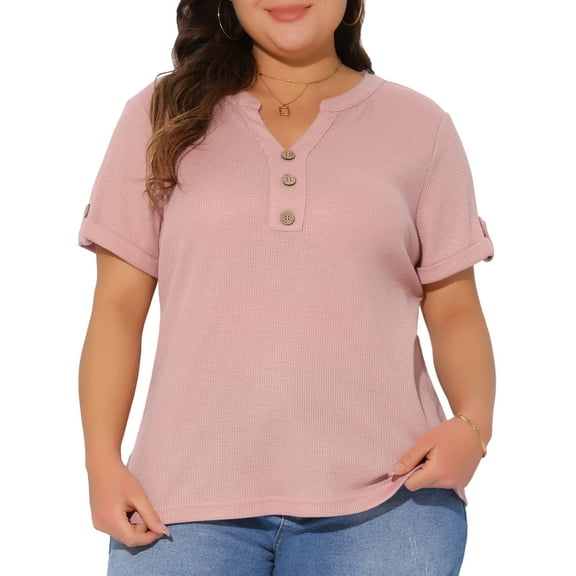 DARING DIVA Women's Plus Waffle Button V Neck Blouse 1X Pink