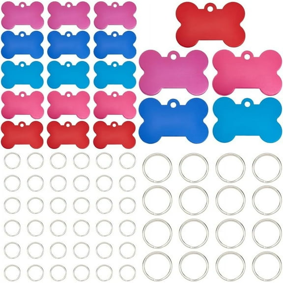 1Sets 1 Box 40Pcs 5 Colors 38mm Dog Bone Tags Bulk Metal Stamping Blanks with Iron Rings Colorful Aluminum Dogs Cats Pet Engraved Name Blank Charm for Engraving Pet Dog ID Necklace Decorative Craft