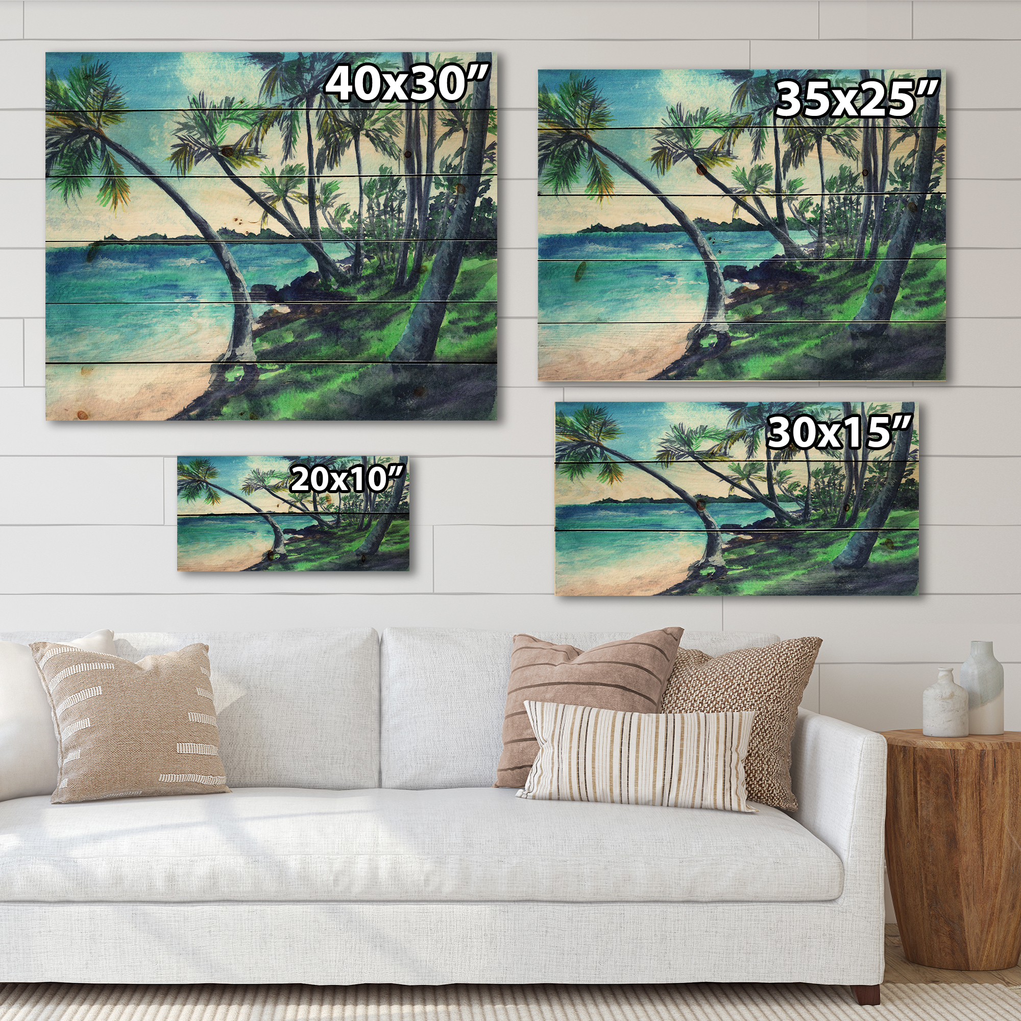 Designart 'Tropical Beach In Summer Paradise With Palm Trees' Nautical & Coastal Print on Natural Pine Wood