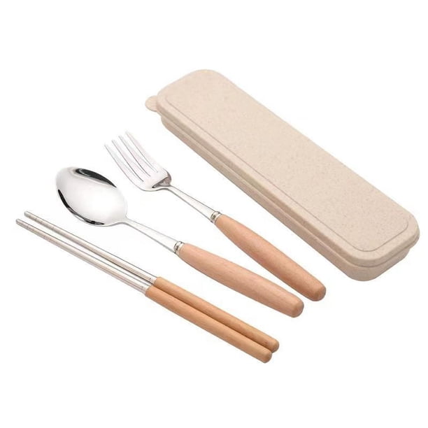 Zhuge Palillos, cucharas, tenedores, juego de cubiertos de 3 piezas, acero inoxidable 304 con estuche de viaje y mochila escolar, utilizado para trabajos escolares (mango de madera)