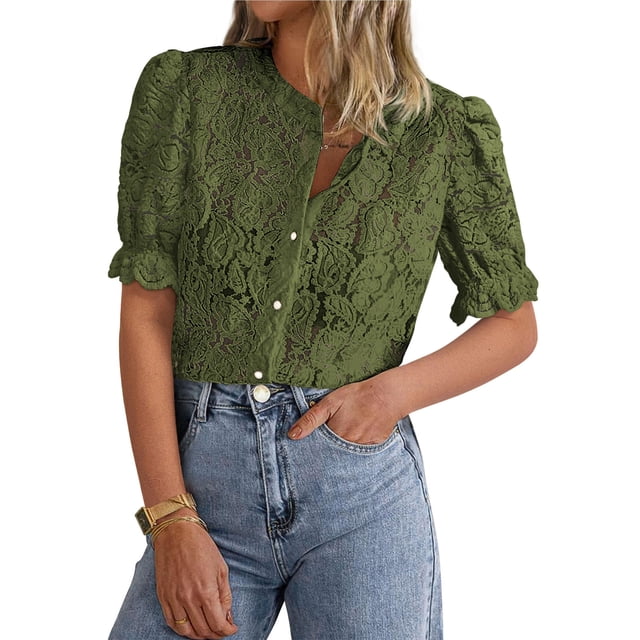 Blusa PRETTYGARDEN para mujer, color verde militar, encaje, talla L