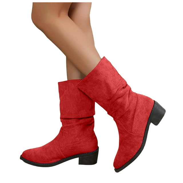 Womens Slouchy Wide Mid Calf Boots Fashion Winter Fall Suede Pointed Toe Mid Heel Slip on Dress Short Booties