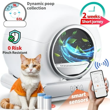 Self Cleaning Cat Litter Box, Extra Large Automatic Litter Box for Multiple Cats, 65L 9L, APP Control, 2 Rolls Trash Bags, White