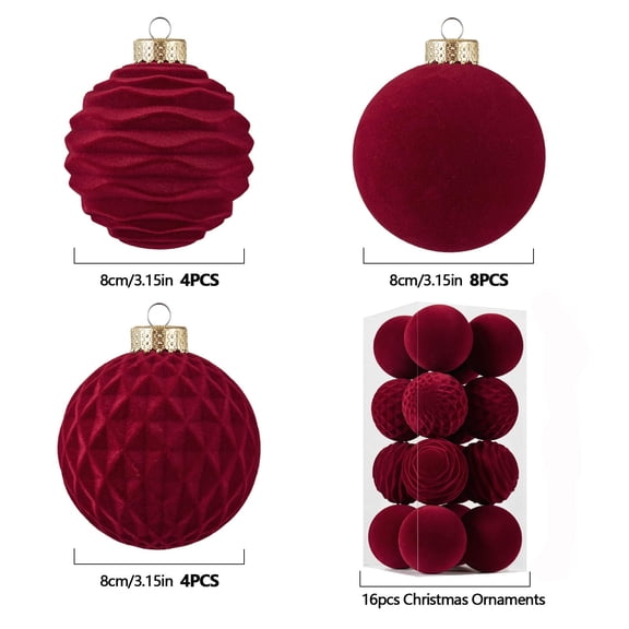 Uutvery 16Pcs Velvet Christmas Balls, 3.15 Inch Flocked Christmas Tree Ornaments, Shatterproof Plastic Xmas Decorative Hanging Balls for Banquet Hall Decorations