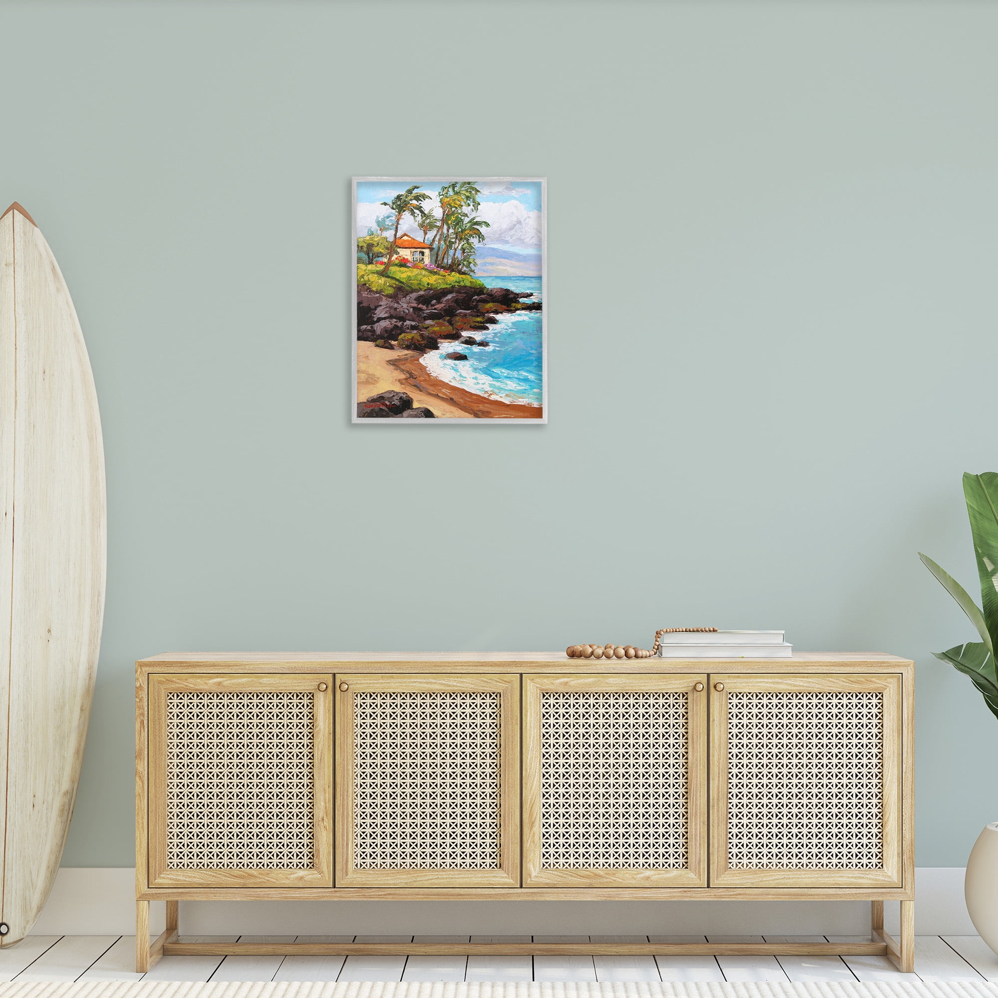 Stupell Industries Tropical Cottage Cove Landscape Painting Gray Framed Art Print Wall Art, 24 x 30