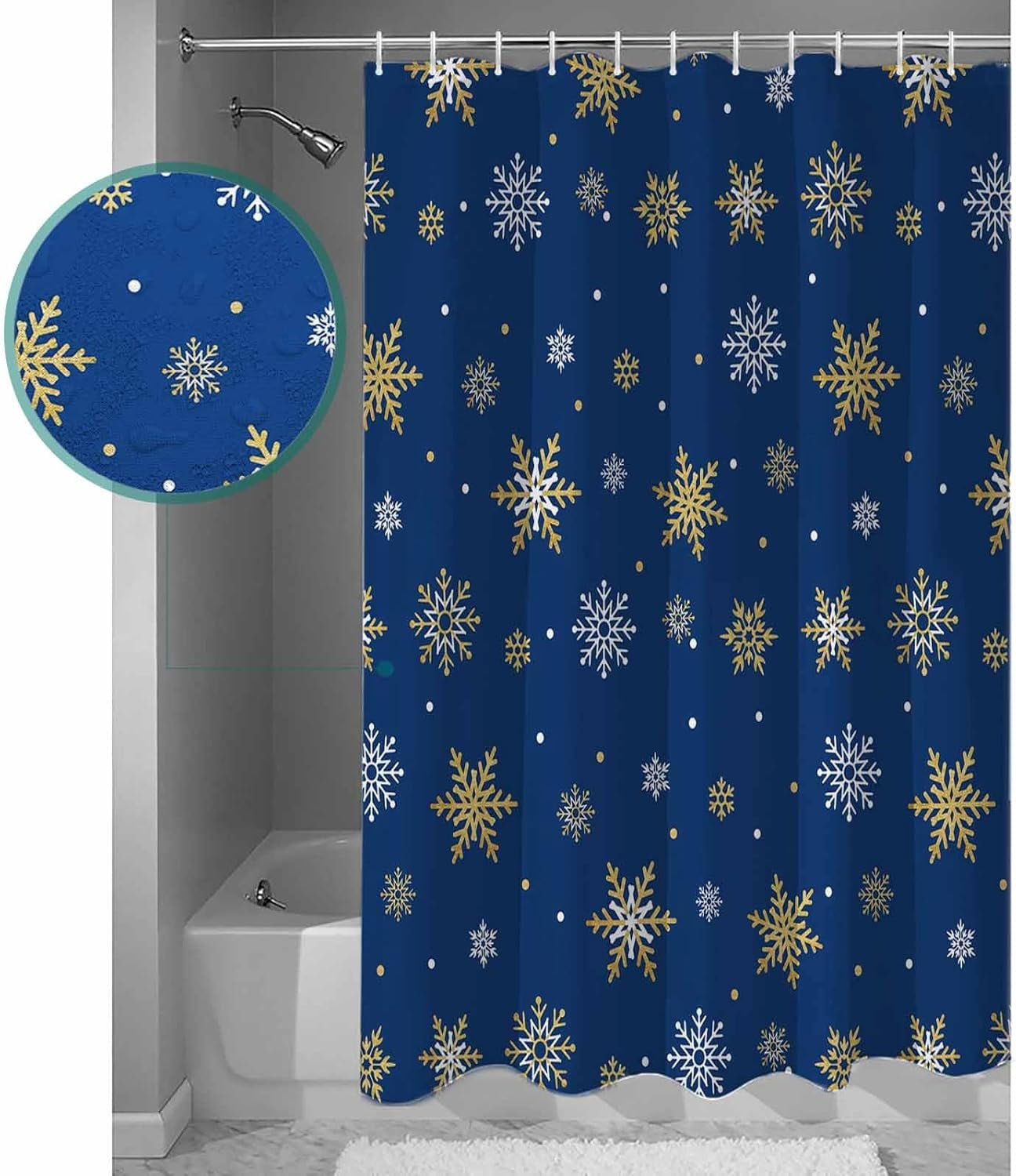 Christmas Shower Curtain Gold White Snowlfake Shower Curtains for Bathroom Decor Blue Background Christmas Decoration Bath Curtains Sets with Hooks Waterproof, 72x84 in