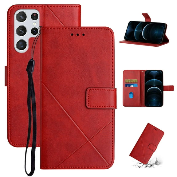 SaniMore for Samsung Galaxy S22 (6.8" 2022) Wallet Case with Wrist Strap Magnetic Clasp, Card Slots PU Leather Skin Shockproof TPU Inner Anti-drop Flip Stand Business Shell Wear-resistant - Red