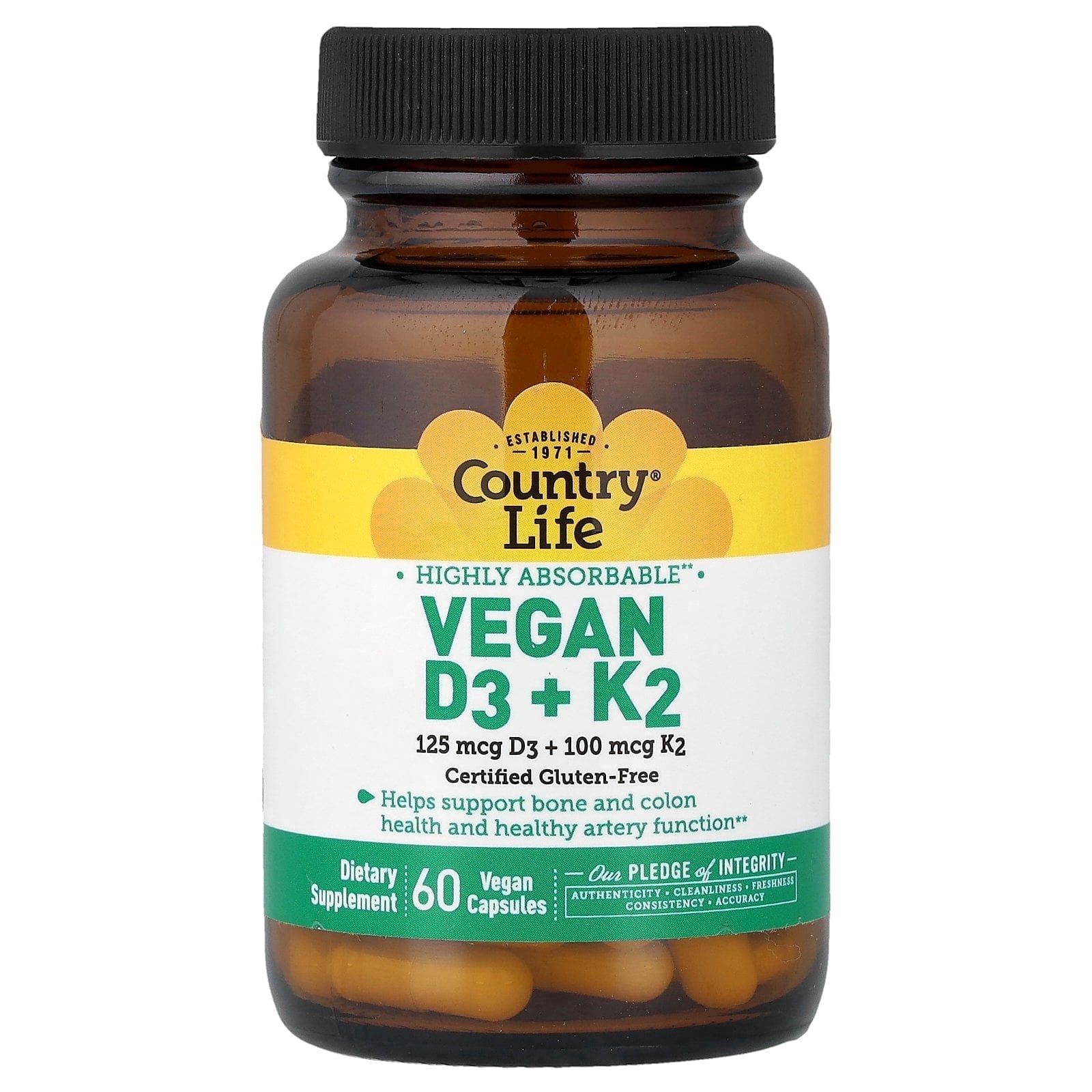 Country Life Vegan D3 + K2 – 5000 IU Vitamin D3 & 100 mcg MK-4 & MK-7 | Supports Bone, Immune, Colon & Artery Health | Certified Vegan, Gluten-Free, B-Corp, 60 Capsules