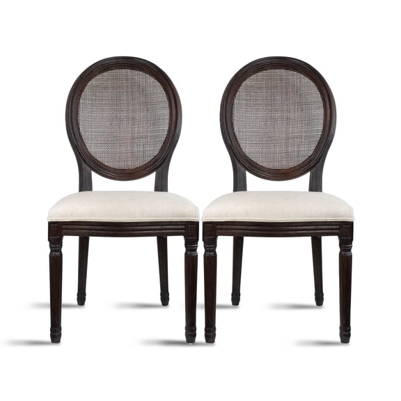 2xhome - Set Of 2 French Chic Vintage Style Dining Side Chair With Upholstered Linen Welted Fabric And Elegant Natural Rustic Wood Frame - Rattan Wicker Oval Back