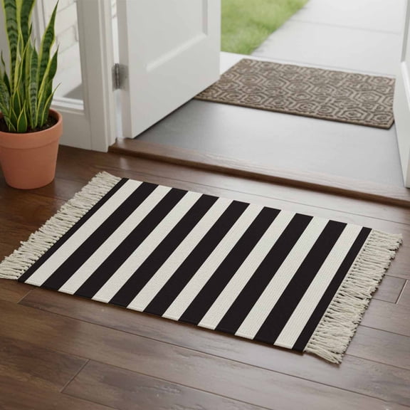 Black Striped Bathroom Rug 2'x3', Modern Farmhouse Black White Stripes Low Profile Front Entryway Rug with Tassels, Woven Cotton Washable Kitchen Mat Carpet for Foyer Bedroom Back Door Decor