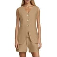 thumbnail image 2 of Womens Vest Shorts Sets V Neck Button Down Casual Waistcoat with Drawstring Shorts Casual Sleeveless Office Matching, 2 of 9