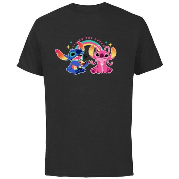 Disney Stitch and Angel Living the Dream - Short Sleeve Cotton T-Shirt for Adults - Customized-Black
