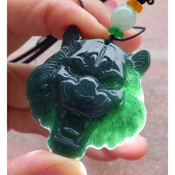 Certified Green Burma 100% Natural A Jade jadeite Pendant Tiger Head Necklace 664221 TN