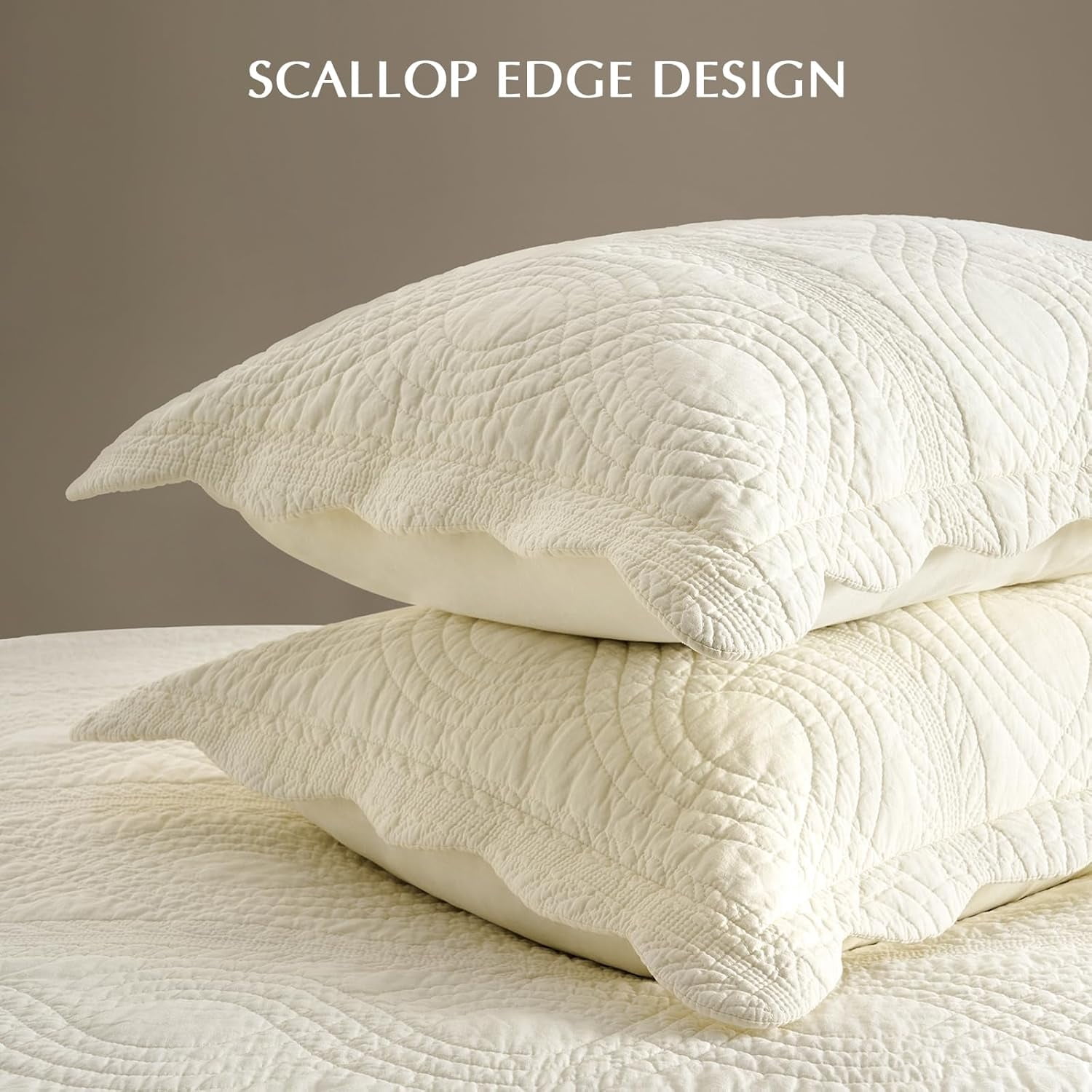 EVERGRACE 100% Cotton Scallop Quilt Set, King Size 3 Piece Set  Lightweight Bedspread with 2 Shams, Soft Prewashed Matelasse Coverlet for Cozy and Elegant Bedding, Ivory Cream