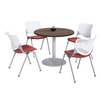KFI Studios Mode Round 3' Dining Table Set, Studio Teak, 4 White & Coral KOOL Chairs