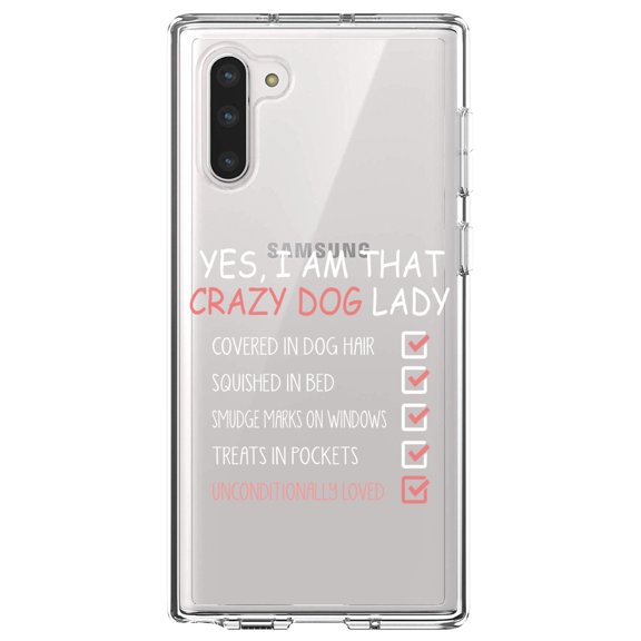 DistinctInk Clear Shockproof Hybrid Case for Samsung Galaxy Note 10 (6.3" Screen) - TPU Bumper Acrylic Back Tempered Glass Screen Protector - Yes, I Am That Crazy Dog Lady