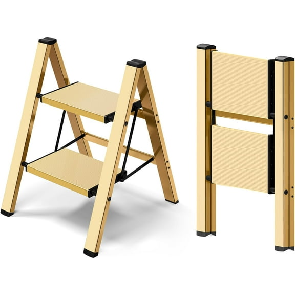 2 Step Ladder,Aluminum Lightweight Folding 2 Step Stool with Anti-Slip Wide Pedal,330lbs Capacity Step Ladder for Household,Kitchen,Office - Gold
